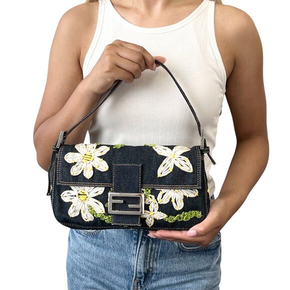 FENDI Vintage FF Logo Mamma Baguette Denim Shoulder Bag Flower Blue [106339] - Picture 2 of 12